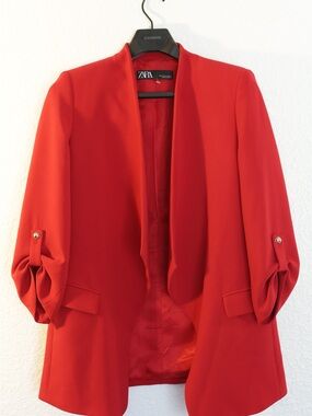 ZARA Bright Red Open-Front Blazer with Rolled Sleeve Tabs